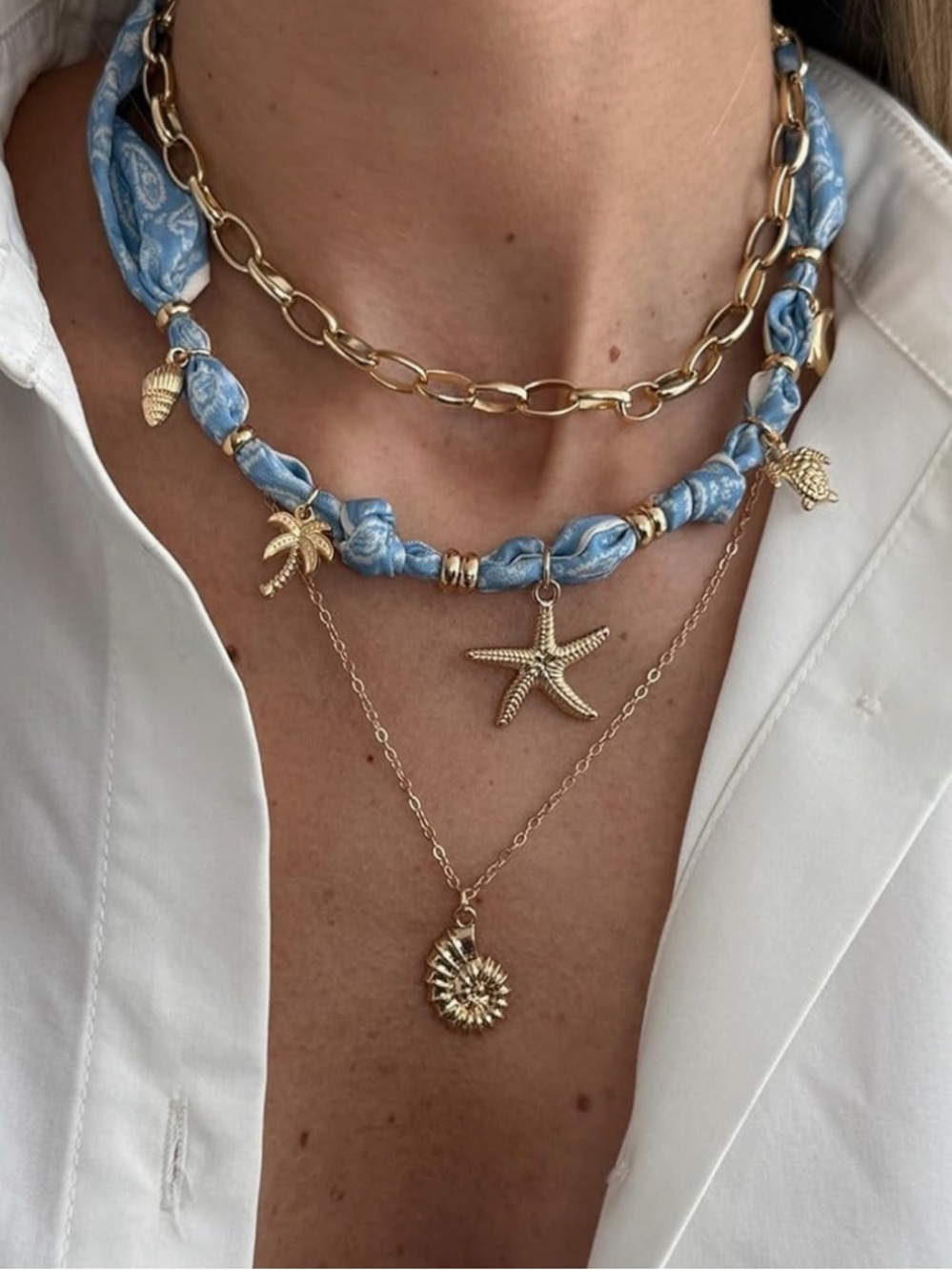 💙 Gold Layered Necklace with Light Blue Fabric Wrap